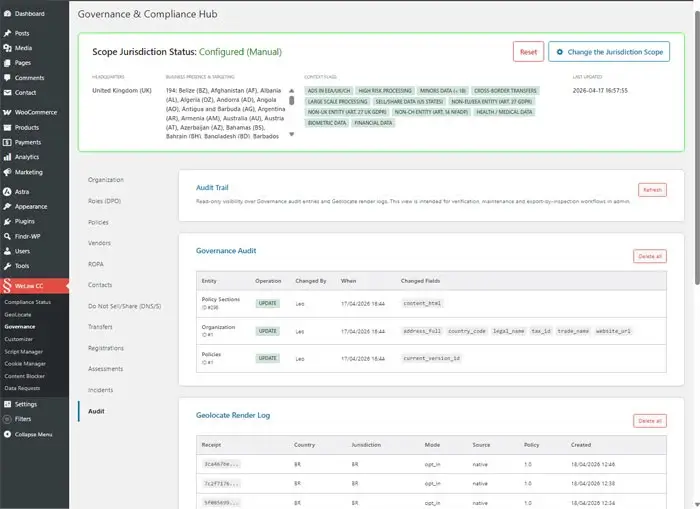 Plugin management panel in WordPress